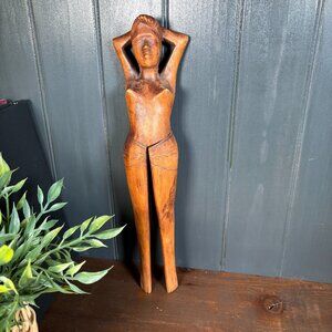 Vintage Hand Carved Solid Wood Nutcracker Folk Art Sculpture of Nude Woman